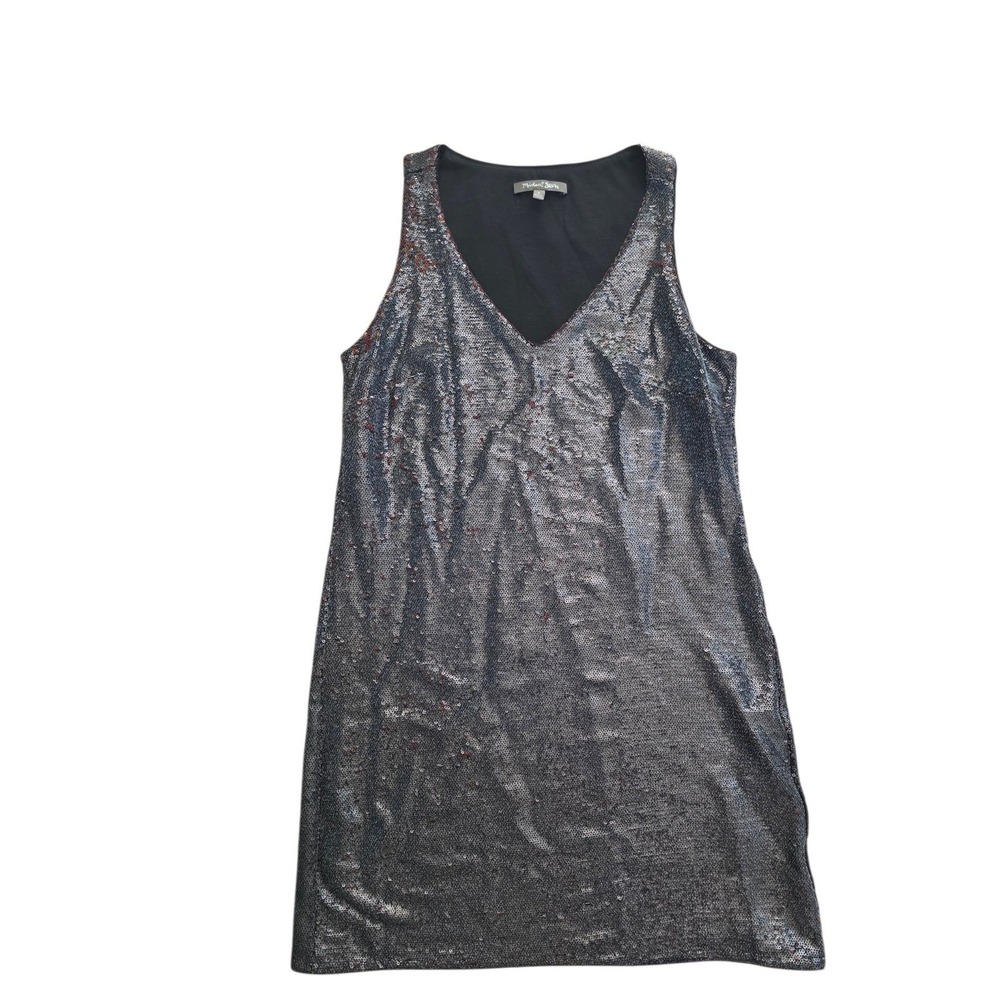 Michael Stars Womens Sequin V-Neck Shift Mini Dress Metallic Gray Black Small